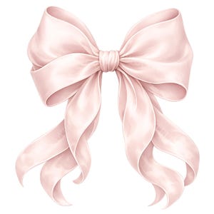 May include: A large, pale pink decorative bow made of smooth, satin-like ribbon. The bow features two symmetrical loops at the top and two long, flowing tails that curve outward at the bottom, tied together with a central knot in the middle.