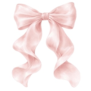 Pode incluir: Um laço rosa claro renderizado digitalmente, com longas fitas esvoaçantes. O laço é amarrado no centro e tem uma aparência macia e sedosa. As fitas caem em cascata para baixo, criando um design gracioso e elegante. O laço está em um fundo branco.