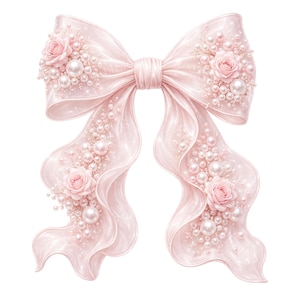 Könnte beinhalten: Eine große, hellrosa Schleife mit fließenden Bändern, verziert mit Perlenclustern und zarten rosa Rosen. Die Schleife ist aufwendig detailliert und schafft eine romantische und elegante Ästhetik. Das Design ist vor einem sauberen weißen Hintergrund.
