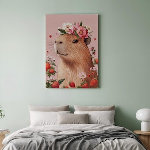 Impresión en lienzo de un lindo capibara con flores, arte de pared infantil con marco, decoración de fresas estilo cottagecore para habitación infantil.