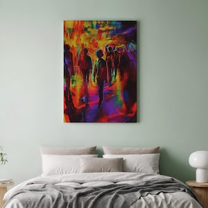 May include: Abstract canvas print showing silhouetted figures in a blurred, dreamlike scene. The artwork uses a palette of reds, yellows, blues, and purples, creating a dynamic and energetic composition. The print is a striking piece of wall art.
