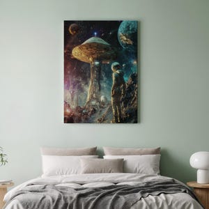 Astronaut on Alien Planet Wall Art, Sci-Fi Space Station Scenery Canvas, Futuristic Outer Space Landscape, Adventurously Framed Print
