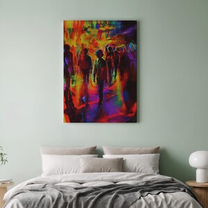 May include: Abstract art print showing silhouetted figures in a blurred, dreamlike setting. The artwork uses a palette of reds, yellows, blues, and purples, creating a dynamic composition. The print is a striking piece of wall art.