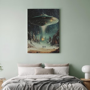 Classic Flying Saucer Wall Art, Framed Alien Planet Encounter Canvas Print, Sci-Fi UFO Landscape for Game Room or Nerdy Home Decor Lovers