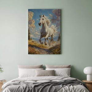 Majestic White Unicorn Galloping Art Print, Mythical Fantasy Landscape Decor Framed, Magical Fairytale Horse Painting for Nursery Bedroom