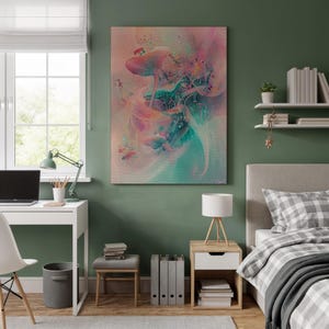 Leuchtende Pilze Leinwand, gerahmter pink-blauer Pilz-Kunstdruck, phantasievolles Waldbodenbild für ein skurriles Dekor