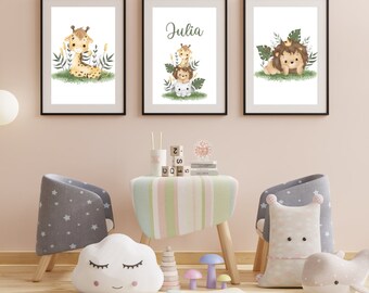 Láminas Decorativas Infantiles, Láminas Personalizadas, set de 3 Impresiones, Decoración Infantil, Ositos, León, Jirafa. Dormitorio infantil, regalo para bebés.