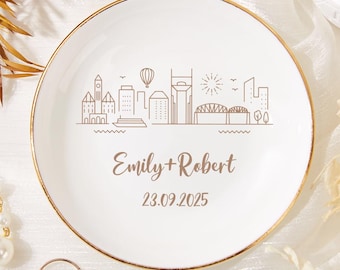 Personalized City Skyline Ceramic Ring Dish, Custom Wedding Gift