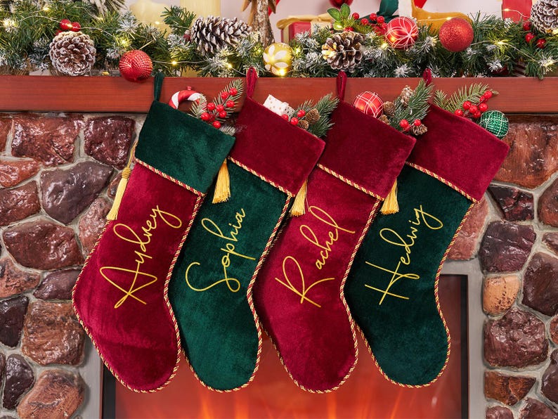 2026 Velvet Christmas Stocking With Name, Personalized Family Stocking,Custom Christmas Stocking With Tassel,Holiday Stocking,Christmas Gift image 2