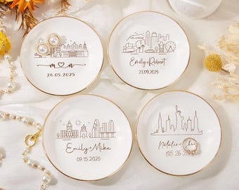 Plato para anillos con silueta de horizonte personalizado, plato para joyas de boda personalizado, soporte para anillos de compromiso, plato para baratijas de la ciudad, regalo para pareja, regalo para el primer aniversario.