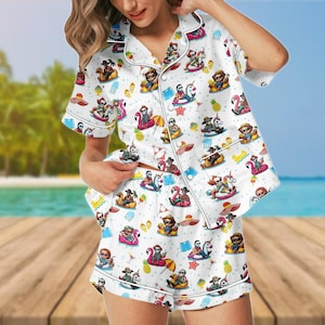 Funny Horror Characters Satin Pajama Set, Halloween Duck Pool Satin PJs, Spooky Summer Cartoon Sleepwear Women