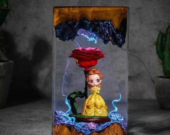 Belle Beauty and the Beast Lamp, Enchanted Rose Resin Lamp, Disney Princess LED Night Light, 3D Epoxy Art Lamp, Romantic Decor Gift