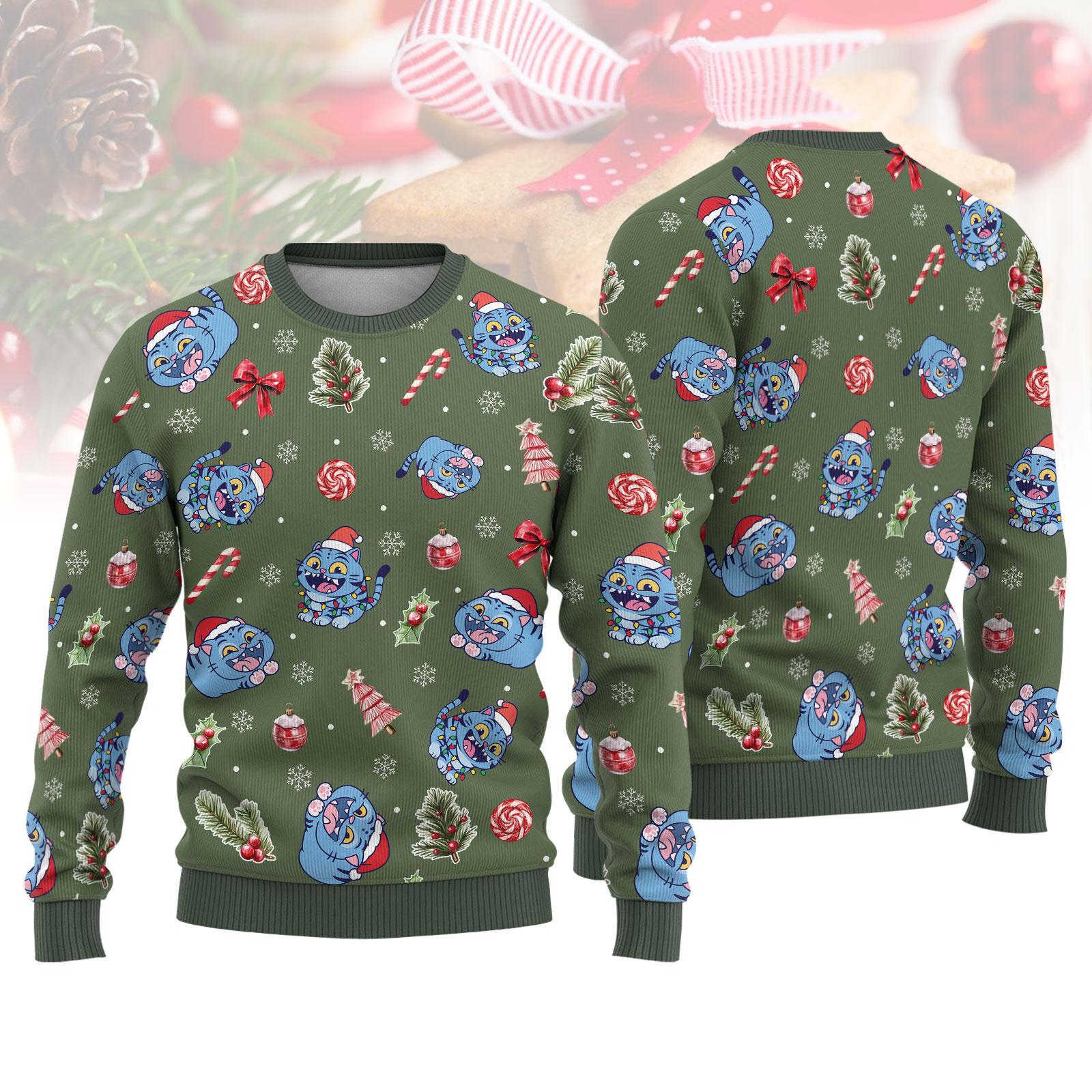 Discover Derpy Tiger Ugly Christmas Sweater, Funny Holiday Sweatshirt, Cute Cartoon Tiger Xmas Gift for Kids, Christmas Neon Tiger Gift