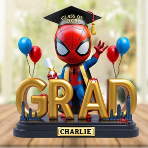 Spider-Man afstudeerfiguur, gepersonaliseerd superheldencadeau voor afgestudeerden van 2025, Spider-Man acryl plaquette cadeau, cadeau voor afstuderen
