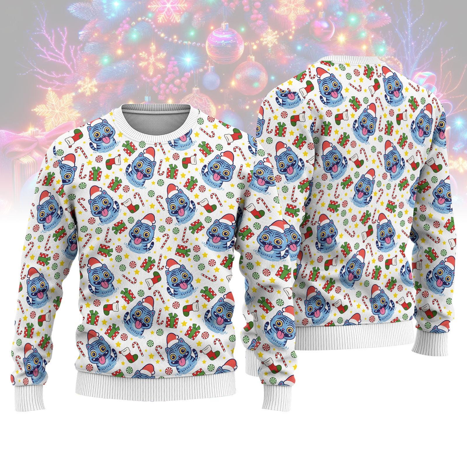 Discover Derpy Tiger Ugly Christmas Sweater, Blue Tiger Xmas Sweater, Kpop Christmas Sweater, Xmas Holiday Gift, Tiger Kid Christmas Sweater