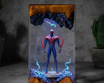 Lampe en résine Spider-Man 2099, figurine lumineuse Spider-Man, objet de décoration de bureau super-héros, cadeau pour gamer, lampe en résine à offrir