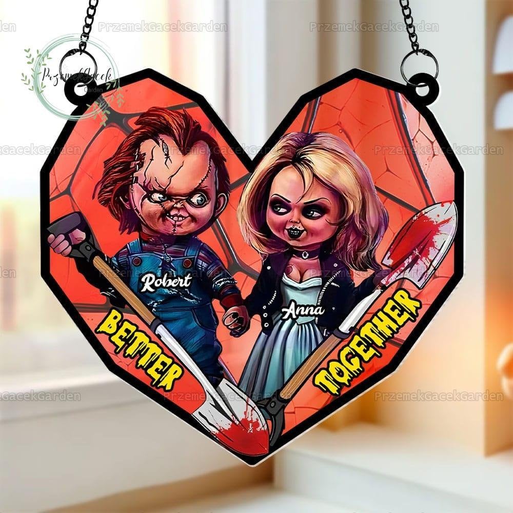 Personalized Chucky And Tiffany Suncatcher Ornament, Bride Of Chucky Horror Movie Suncatcher Window, Tiffany Halloween Suncatcher Decor