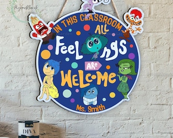 Personalized Inside Out Classroom Wooden Sign, Disney Inside Out 2 Teacher Door Sign, Teacher Appreciation Gifts, Classroom Door Hanger
