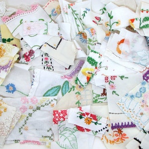 Embroidery Scraps - Fabric Grab Bag - Scrap Bag - vintage embroidered linens - 8 oz large lot