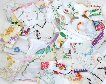 Embroidery Scraps - Fabric Grab Bag - Scrap Bag - vintage embroidered linens - 8 oz large lot