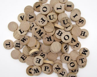 96 Round Letter Tiles - Vintage board game letters - alphabet tiles - wooden tiles - Wordsearch game