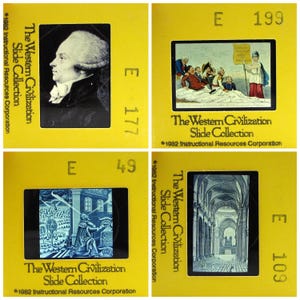 50 diapositivas antiguas de 35 mm sobre historia europea (siglos XVII y XVIII), educativas y con fotografías antiguas.