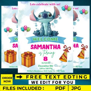 Faire-part d'anniversaire Lilo et Stitch : modèle modifiable et imprimable, belle invitation pour l'anniversaire d'un tout petit, faire-part de fête Stitch