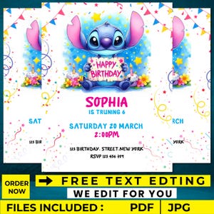 Faire-part d'anniversaire imprimable au point de couture, faire-parts de fête d'anniversaire enfants modifiables, invitation numérique fête d'enfants, faire-part anniversaire Lilo et Stitch