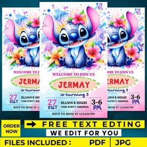 Faire-part d'anniversaire imprimable Stitch Faire-part d'anniversaire pour enfants modifiables Invitation fête d'enfants numérique Faire-part anniversaire Lilo and Stitch