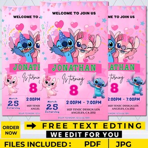 Stitch et faire-part d'anniversaire ange : modèle modifiable et imprimable, belle invitation pour l'anniversaire d'un tout-petit, faire-part de fête Stitch
