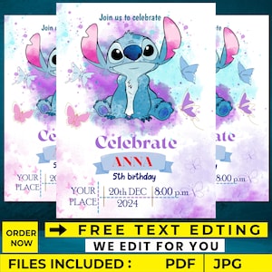 Faire-part d'anniversaire point modifiable, faire-parts imprimables pour fête d'anniversaire pour enfants, invitation fête pour enfants, faire-part pour anniversaire Stitch, dîner d'anniversaire