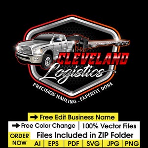 May include: A logo for Cleveland Logistics features a silver pickup truck with a trailer, set against a black background. The company name is in red and white, with the tagline "Precision Hauling, Expertly Done."