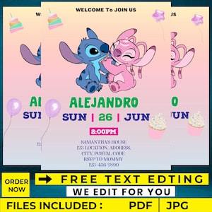 Modèle modifiable et imprimable d'invitation d'anniversaire de Stitch et Lilo Belle invitation pour l'anniversaire d'un petit