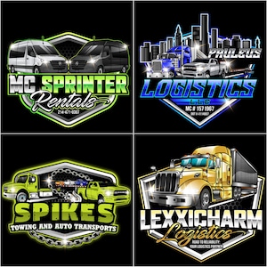 May include: Four different logos for transportation companies. The first logo is green and yellow with the text "MC SPRINTER Rentals" and a white van. The second logo is blue and white with the text "PAULEUS LOGISTICS LLC" and a blue semi-truck. The third logo is green and yellow with the text "SPIKES TOWING AND AUTO TRANSPORTS" and a green truck. The fourth logo is gold and black with the text "LEXXICHARM Logistics" and a gold semi-truck.