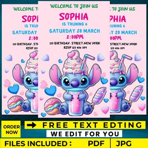 Faire-part d'anniversaire pour enfants à imprimer, invitations de fête d'anniversaire pour enfants modifiables, invitation à une fête pour enfants, faire-part d'anniversaire Stitch, dîner d'anniversaire invi