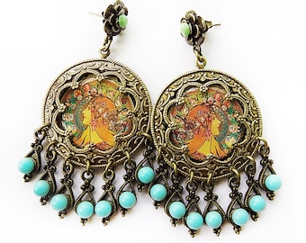 Pendientes Boho, Pendientes Zodiac, Pendientes Mucha, Art Nouveau, Boho chic, joyería danza del vientre, pendientes paganos, verde turquesa, pendientes, regalo