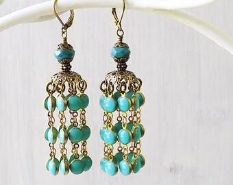 Turquoise earrings, Turquoise tassel earrings, tassel earrings, jhumka earrings, tribal earrings, gypsy earrings, boho earrings, gift woman