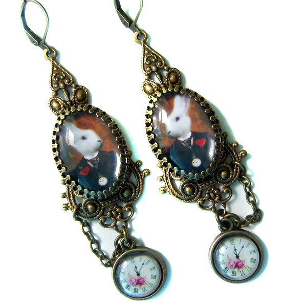 White Rabbit Earrings -  Wonderland Earrings - Original White Rabbit - Pocket watch Rabbit Earrings - Alice Wonderland Earrings