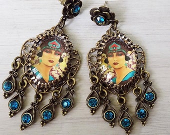 Art Deco earrings, Turnadot Opera, art jewelry, opera jewelry, Bohemian earrings, 1920s bohemian, theater jewelry, peacock blue earrings