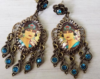 Art Deco Peacock Blue Crystal Earrings: Turnadot Opera Jewelry