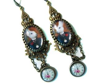 White Rabbit Earrings -  Wonderland Earrings - Original White Rabbit - Pocket watch Rabbit Earrings - Alice Wonderland Earrings