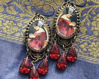 Pagan earrings, red and bronze, Pre Raphaelite Earrings, Crystal Ball, Waterhouse, Red earrings, Witch Earrings, Goth earrings, unique gift