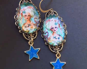 The Star Tarot Earrings with Blue Enameled Star Charms