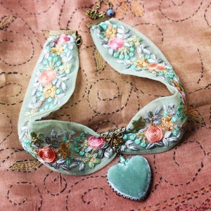 Rococo Choker, Boho Wedding, Embroidered floral, Silk velvet heart, limited edition, pink, mint, blue, wide ribbon choker, Something blue