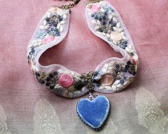 Rococo Choker, boho wedding, Embroidered floral, Silk velvet heart, very limited edition, pink, grey, blue, ribbon choker, Something blue