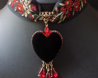 Whimsygoth Black Heart Choker with Red Teardrops and Italian Jacquard Ribbon