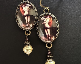 Lilith and Serpent Earrings with Garnet and Baroque Pearl Drops