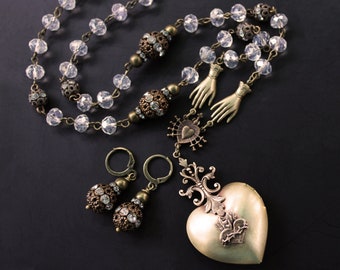 Locket necklace, long necklace, ex voto heart, sacred heart, long beaded chain, seven sorrows, sacred heart, brass locket