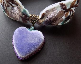 Periwinkle Velvet Heart Choker with Embroidered Ribbon