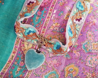Aqua Velvet Heart Choker with lilac and purple accents on Embroidered Floral Ribbon